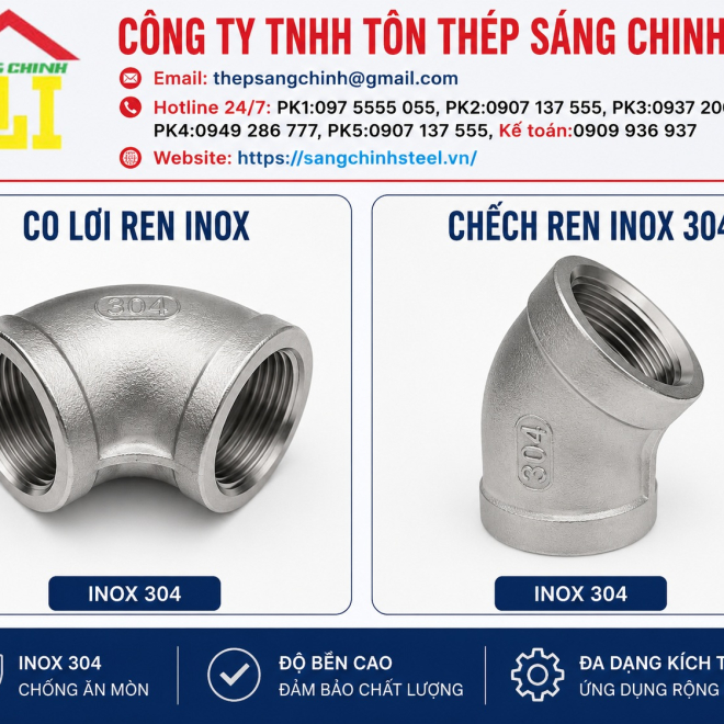 Co lơi ren inox, chếch ren inox 304