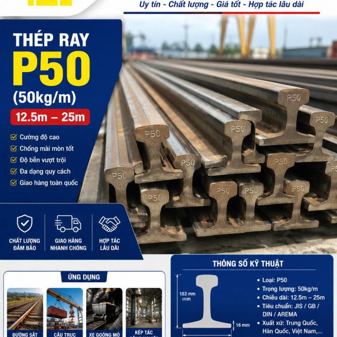 Thép Ray P50 (50kg/m) 12.5m – 25m